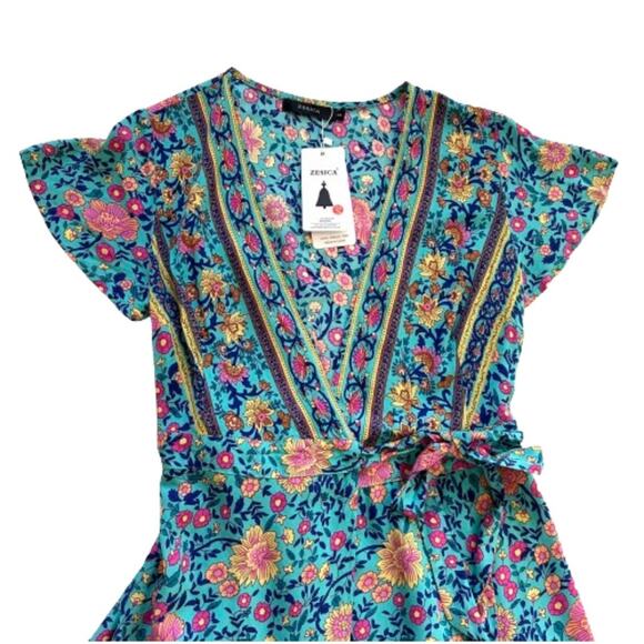 Zesica Blue Pink Floral Short Sleeve V-Neck Wrap Mini Summer Dress Small NEW - Picture 8 of 13